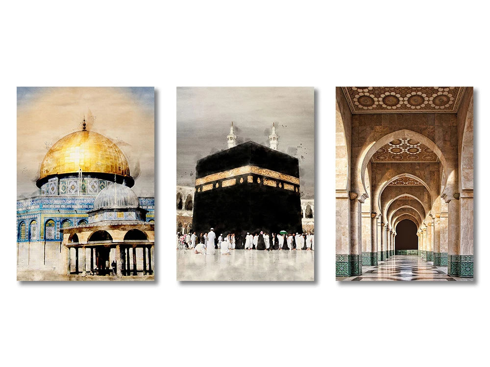 3PCS Ayatul Kursi Quran Islamic Gold Beige Black Canvas