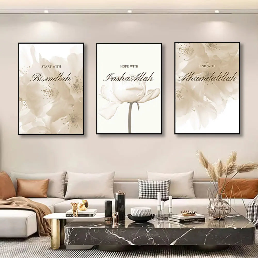 3pcs Islamic Poster Beige Flower Canvas posters