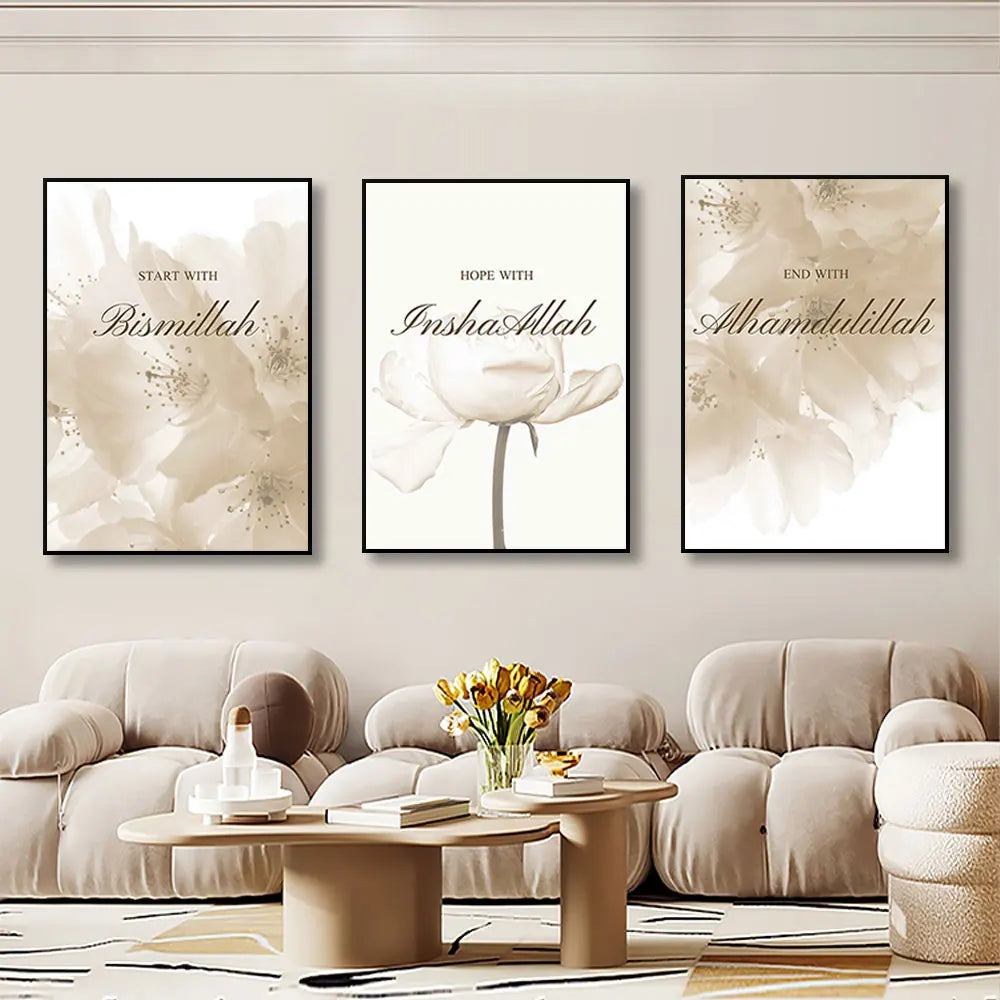 3pcs Islamic Poster Beige Flower Canvas posters
