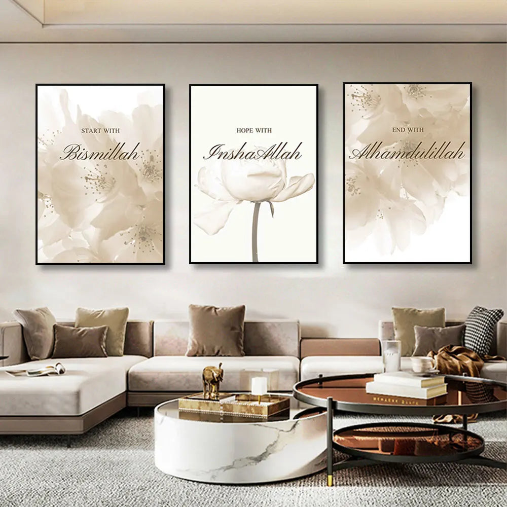 3pcs Islamic Poster Beige Flower Canvas posters
