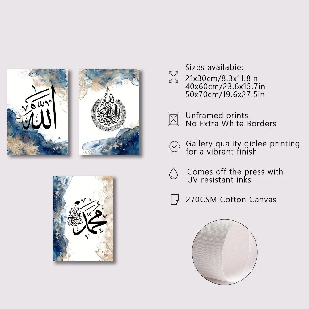 3pcs Islamic Wall Art Pictures Arabic Calligraphy